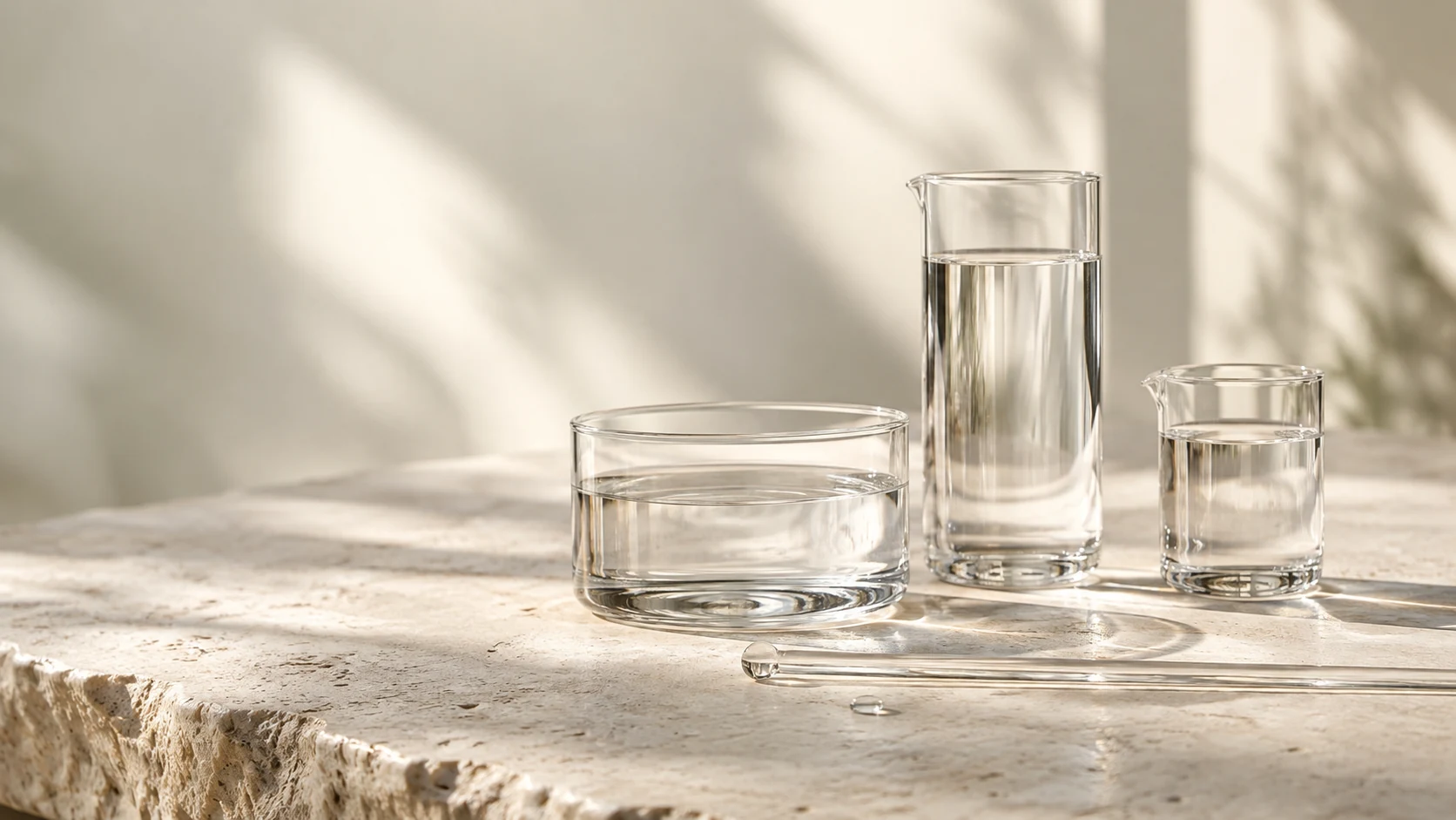 Clear liquid and simple glass vessels in soft daylight