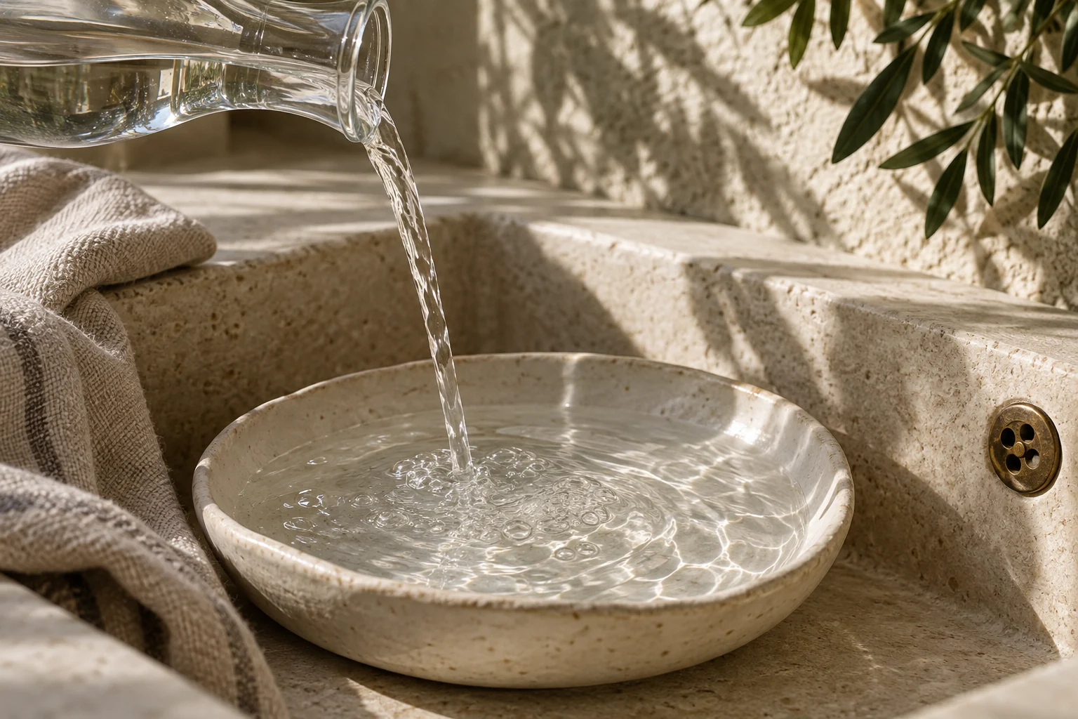 A stream of clear water meeting white ceramic beside linen and natural stone